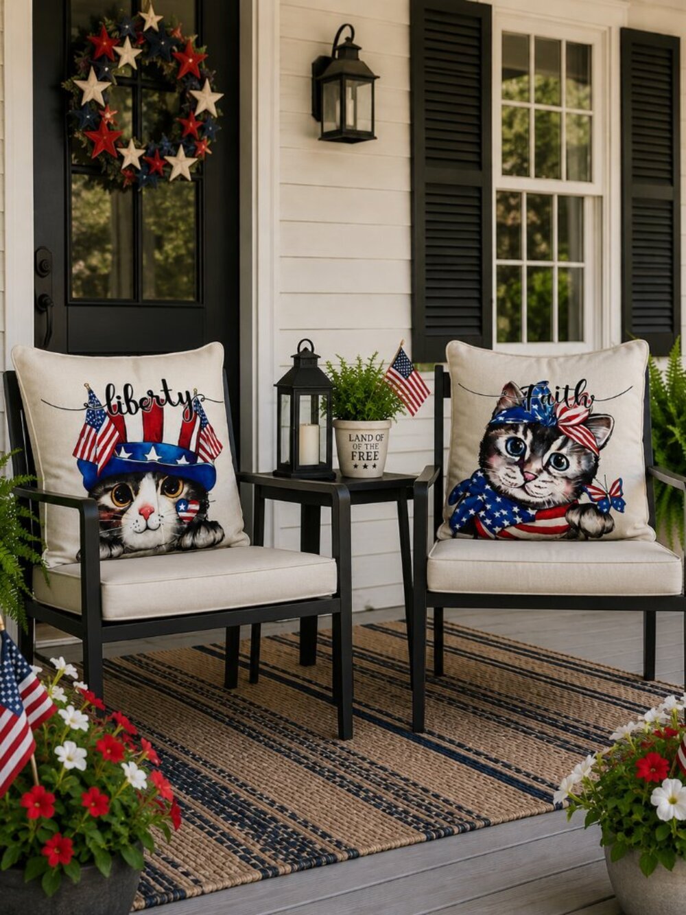 Patriotic Cat Pillow Covers x 2 Liberty & Faith Throw Cushion Covers 18x18